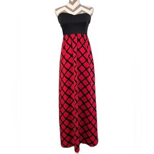 Fascination Red & Black Trellis Print Strapless Maxi Dress - Size M